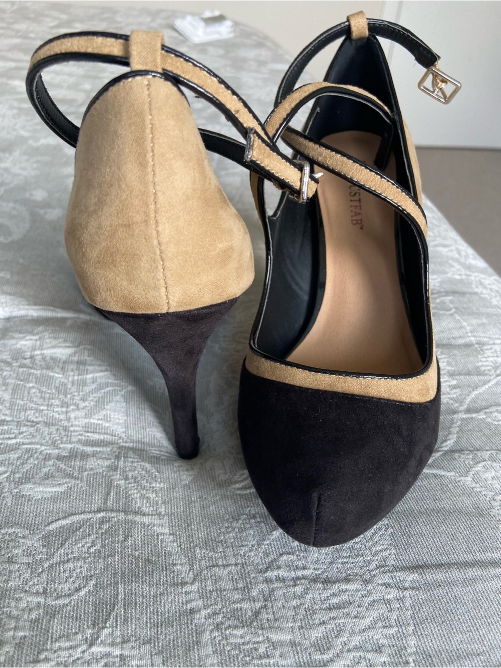 Mary Jane Two-Tone Black and Tan Suede High Heels - Picture 2 of 7